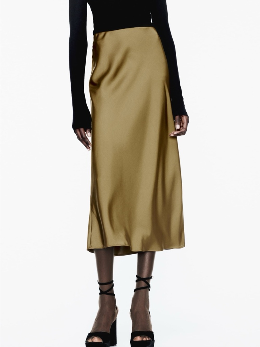 ZARA - Satin Midi Slip Skirt in Olive